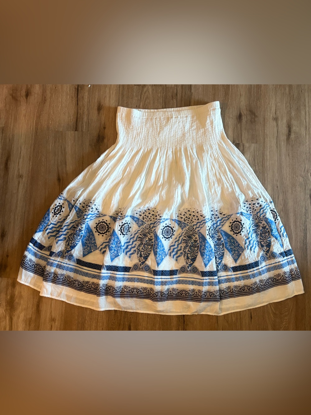 Coldwater Creek Plus Size 1X White Blue Fish Mosaic Print Smocked Waist Skirt